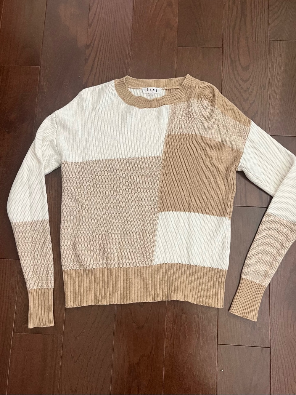 THML Lightweight Colorblock Crewneck Sweater - Cream & Tan